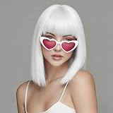 SUKRI White Bob Wig with Bangs Short Straight White Wigs for Women Silver White Bob Hair Wig for Party Cosplay Daily Use（12Inch）