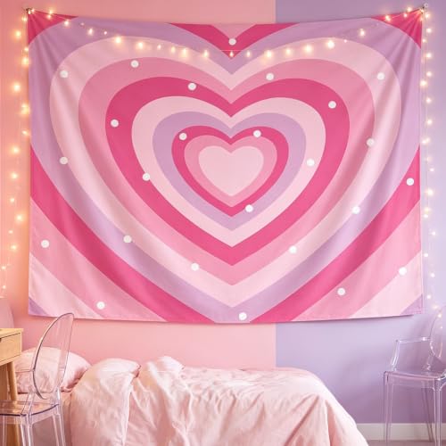 Cute Pink Aesthetic Tapestry for Girl Bedroom, Pink Heart Tapestry Wall Hanging 2000s Hippie Wall Tapestries Decor for Home College Dorm Living Room, Woman Teen Girls Room Art Tapestries 60X40 Inch