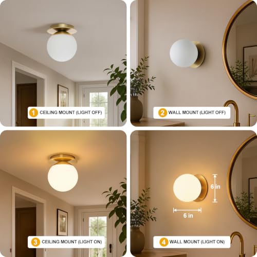 Image of 2 Pack Wall Sconces, Modern Globe Sconces in Aged Brass, Wall Light for Bedroom Bathroom Living Room & Hallway Vanity Lighting, Ceiling Light Fixture