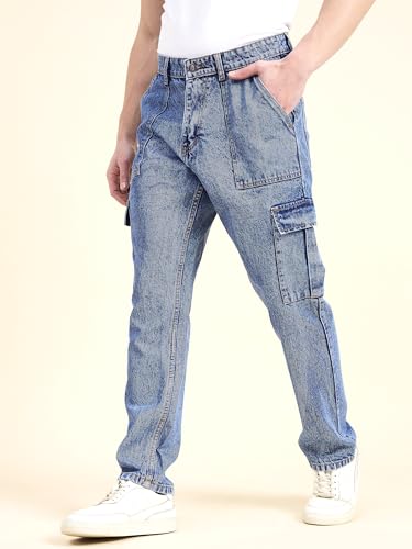 Image of STUDIO NEXX Men's Loose Fit Cargo Jeans | Non Stretchable | Cargo Denim for Men | Loose fit Cargos | Utility Pockets