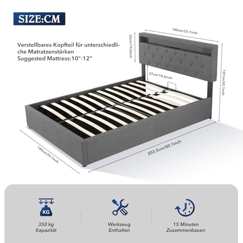 Polsterbett, 140 X 200 cm, Beleuchtung, 2,4-Ghz-Fernbedienung (Inkl. Akku) Bettgestell Bed Frame Bett Gestell Schlafzimmer Set Jugendbetten Bettrahmen – Bild 3