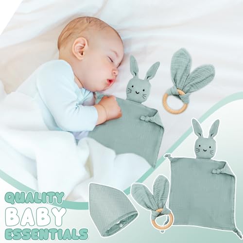 Baby Geschenk Junge Mädchen Neugeborene Geschenkset Babygeschenke 3 Stück Geschenke zur Geburt mit Schnuffeltuch Hase und Beißring Holz und Lätzchen Baby für Neugeborenen Babyparty Sachen (Mint)