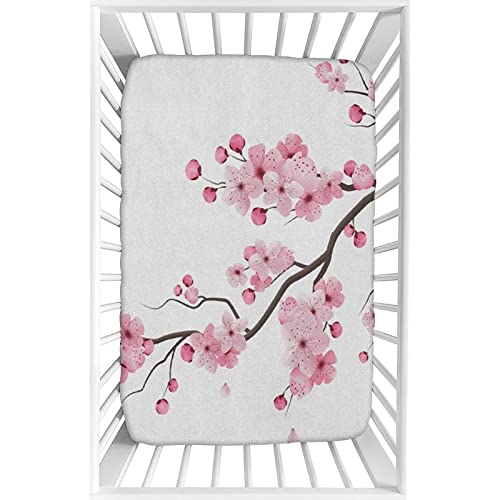 Image of Decorative Crib Sheet,Asian Microfiber Silky Soft Toddler Mattress Sheet Fitted,28"x 52"x 8",Japanese Cherry Blossoms Spring Themed Print Baby Sheet, for Baby or Toddler Bed Nursery