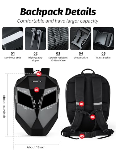 Gelrova Knight Motorcycle Backpack with LED Eyes, Waterproof Hard Case Motorbike Bag, DIY Laptop Backpack for Riding, Cycling, Travel, Large Size 19in, Black3