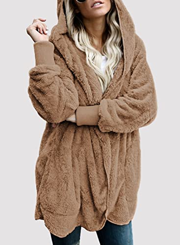 Dokotoo Womens 2025 Winter Long Sleeve Solid Fuzzy Fleece Open Front Hooded Cardigans Jacket Coats Outerwear with Pocket2