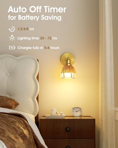 Image of VOLISUN Vintage Battery Operated Wall Sconce,with Amber Tulip Glass Lampshade, Wireless Wall Sconce, Rechargeable Battery Powered Wall Light, Sconce Wall Decor for Bedroom Living Room