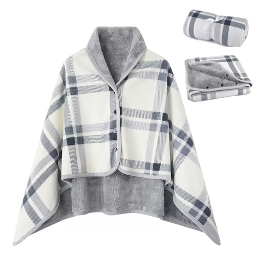OUYULAI Damen Poncho Fleece Tragbare Decke, Karierte Schoßdecke Bequemer Poncho Plüschdecken Überwurf Schal Wickelbezug Umhang mit Knöpfen, Ein tolles Geschenk für Mama perfekt für Bett Sofa und Büro