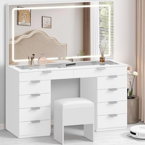 DWVO Vanity Desk Set with Mirror & Power Outlets, Vanity Table with 3 Dimmable Light Colors, 10 Drawers, Hair Dryer Rack – Modern Makeup Table with Hidden Storage Stool