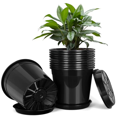 FUIJOL 2 Gallon Plastic Pots with Drip Trays Sturdy Gallon Plant Pots with Drainage Holes Large Plastic Planter for Flowers Ideal for Indoor and Outdoor Use (2Gallon-10PACK)