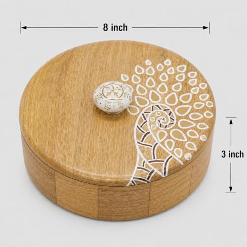 Image of Artysta 'White Peacock' Wooden Chapati Box | Wooden Casserole For Roti | Chapati Box For Kitchen | Roti Box with Lid | Housewarming Gifts | Handpainted Roti Box | Mango Wood 8inch, 1080ml