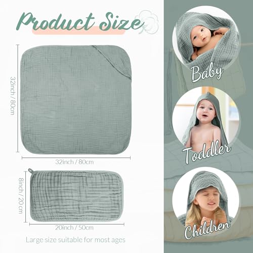 Image of VitalCozy 8 Pcs Baby Muslin Hooded Bath Towels and Washcloths, Muslin Hooded Baby Towels Absorbent Blankets for Gift Newborn Infant Shower (Grey,Blue)