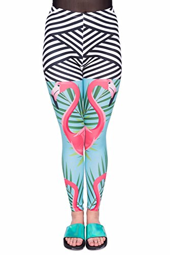 kukubird Printed Patterns Women's Yoga Leggings Gym Fitness Running Pilates Tights Skinny Pants 8 to 12 Stretchable - Flamingo Palm Leaves