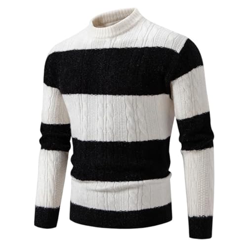 Men's Patchwork Mock Neck Knitting Sweater Fashion Striped Casual Knitted Pullover Comfortable Soft