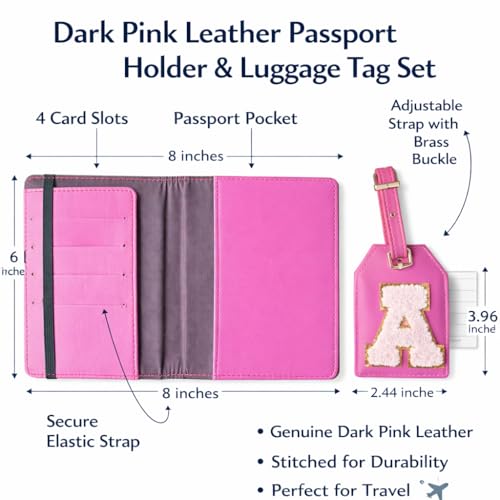 Image of Passport Cover & Bag Tag Combo | Personalized Initial Alphabet Custom A-Z Name Initial | Fits Standard Passports | Travel GiftIdeal Travel Gift for Women, Girls & Couples (Dark Pink)