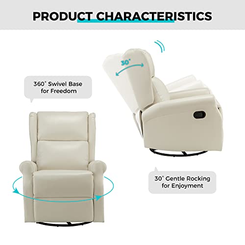 Hulala Home Faux Leather Swivel Recliner Chair With Adjustable Backrest & Footrest, Modern Push Back Glider Recliner Rocking Chair, Home Theater Lounge Sofa Chair For Living Room, Ivory #TOP3