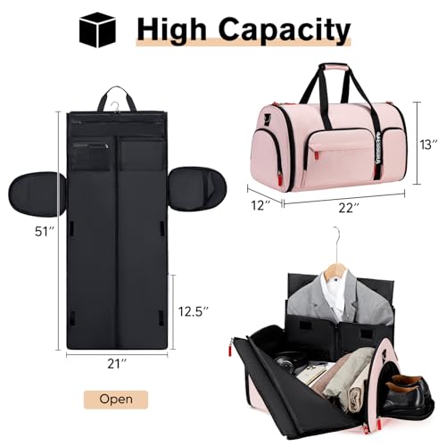 Rolling Garment Bags for Travel, Garment Bag with Wheels, Convertible Garment Duffel bag, Carry On Garment Bag with Shoe Compartment, Rolling Duffel Bag with Detachable Trolley System-Pink3