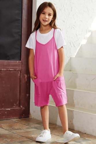 CharmWM Girls Summer Jumpsuits Spaghetti Strap Sleeveless Loose Romper Short Pants with Pockets 5-14 Years