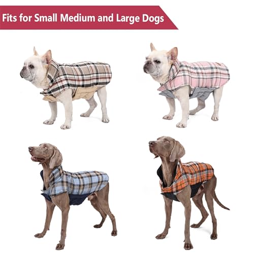 RUYICZB Hundemantel Winter, Wasserdichte Warme Jacke Für Kleine Mittlere Große Hunde, Outdoor Mit Geschirr Loch Karierte Wendejacke, Beige, L
