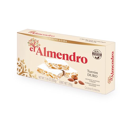 El Almendro Turrones, Turron Duro Nougat Christmas Candy, Crunchy Almond Torrone From Spain, Traditional Spanish Brittle Holiday Dessert, Gluten Free, 1 Box, 7.05 oz.