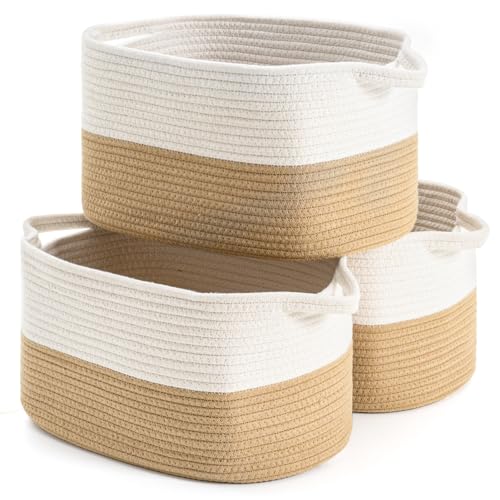 DUHEL Cotton Rope Woven Storage Basket, Used for Baby Hamper Toy Organizer, Gift Baskets Empty,Kids Laundry Basket,Baby Blanket Storage. Size 15x10x8.7 Inches. (White&Khaki-3PCS)