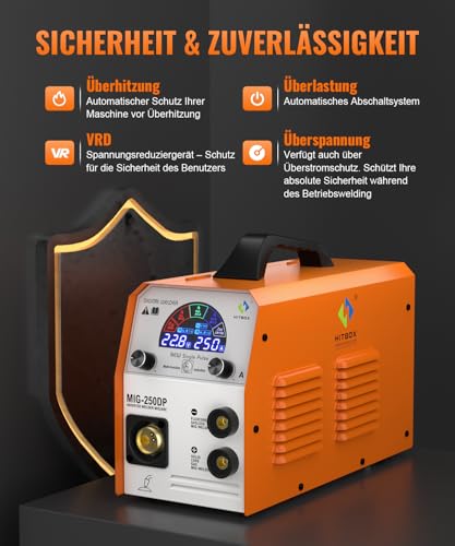 HITBOX MIG-Schweißgerät, 5-in-1-Schweißgerät 250 A mit MIG-Gas/MIG gasless/MMA/LIFT TIG für Aluminium MIG MAG Schweissgerät, MIG250DP