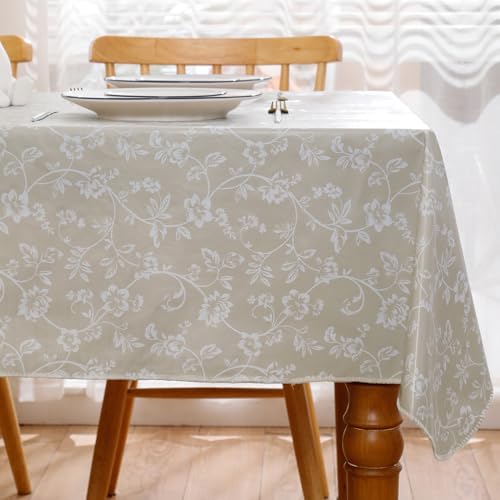 Image of Heavy Duty Vinyl Tablecloth with Flannel Backing Waterproof Oil-Proof Plastic Table Cloth Stain-Resistant Wipeable Rectangle or Square Table Cover for Indoor and Outdoor (Beige Floral,52x70 Inch)