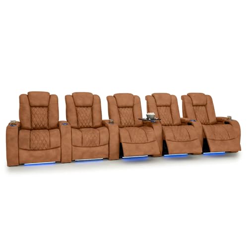 Image of Seatcraft Diamante Tawny Italian Leather Home Theater Seating, Zero Gravity Power Recliner Gaming and Home Office Chair, Powered Headrest Lounge Sofa Furniture for Cinema Room, Row of 5