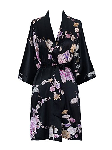 Women's Satin Kimono Robe Short - Floral - Chrysanthemum & Crane - Black