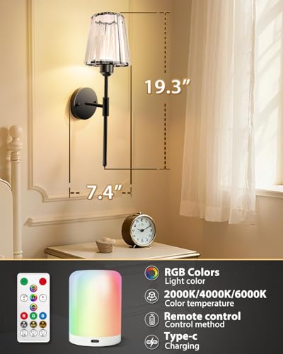 Image of Adetu 19.3 Inch Crystal Battery Operated Wall Sconces Set of 2 | Black Rechargeable Wall Lights with 10000mAh Dimmable Magnetic Bulb, RGB Wall Lamp for Bedroom Decor