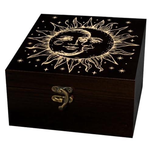 arricraft 1 Pc Wooden Keepsake Storage Box, Sun-Moon Vector Diagram Square Pine Memory Box for Anniversary Jewelry Board Storage 12x12x6cm (4.72x4.72x2.36 inches)