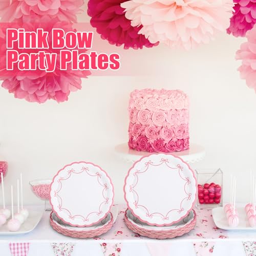 image for Yungyan 50 Pcs Pink Bow Plates 7 and 9 Inch Coquette Bow Paper Plates 