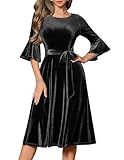 HomRain Black Velvet Dresses for Women with 3/4 Bell Sleeve Elegant Graduation Midi Dress for Wedding Guests,Cocktail Party,Church &Casual Prom-L