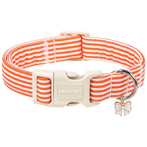Image of ARING PET Orange Striped Dog Collar for Small Medium Large Boy Girl Dogs-XS | Cotton Fall Winter Puppy Pet Collar for XS S M L XL Dogs, Soft Sturdy Comfortable, Daily Wear Park Play Neighborhood Stroll