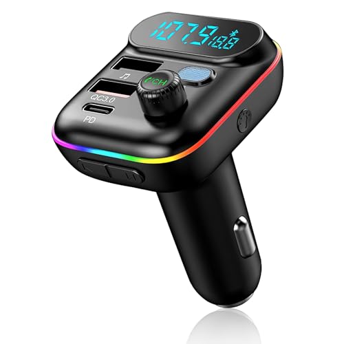 Transmisor FM Bluetooth Coche 5.0, Adaptador Radio Bluetooth Carga Rápida 2 USB 20W PD Tipo C+ 18W QC3.0, LED Pantalla, Manos Libres Reproductor Música, Soporte U Disk, Tarjeta TF