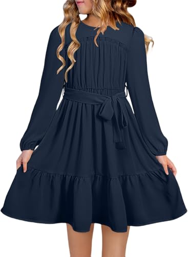 blibean Tween Girls Semi Formal Long Sleeve Dresses with Belt Size 6-15 Years