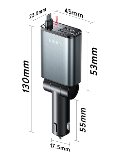 LISEN 57W Zigarettenanzünder USB C 3 in 1 Auto Ladegerät - [300% Kompakt] 12V USB Adapter Auto Ladegerät mit Einziehbares Ladekabel, PD&QC3.0 Car Charger für iPhone 17 Pro Max 16 15 14