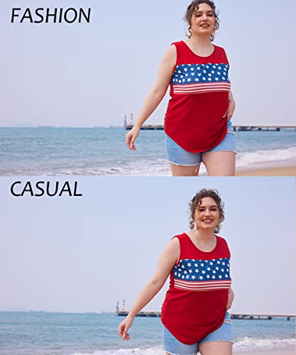 Ritera Plus Size Tank Tops For Women 2X Flag Print Blue Star Color Block Tanks Tshirt Oversize Red Striped Summer Sleeveless Holiday Shirt Round Neck National Day Camisoles 2X 2Xl 18W 20W #TOP2