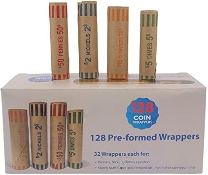 L LIKED Preformed Coin Wrappers Rolls (128 Assorted) - Quarters, Pennies, Nickels and Dimes | Color-coded, preformed, tear-resistant kraft paper, for banks, retail & home