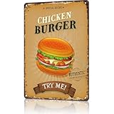 Metal Signs Poster 8x12inch Chicken Burger Advertisement Aluminum Sign Wall Art For Home Room Bedroom Office Decor