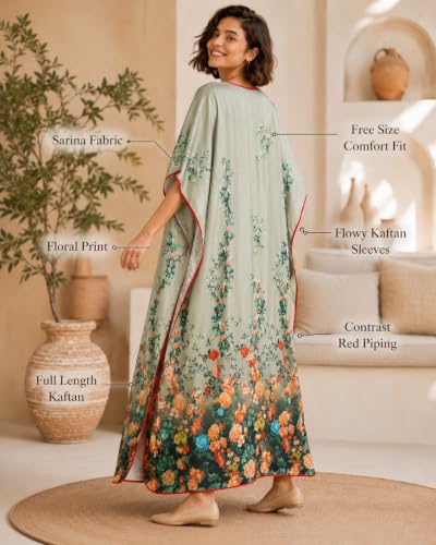 Image of Noty Women's Kaftan Nighty | Digital Print | Sarena Fabric | V Shaped Neck Nightwear | Nightdress for Girl