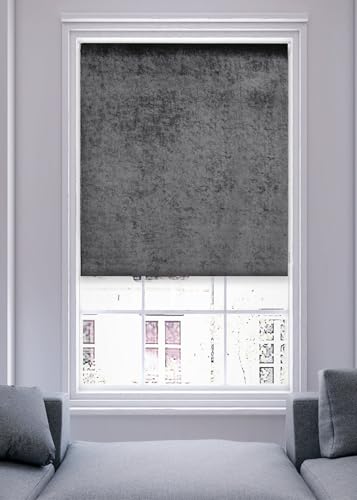 Lister Cartwright Crushed Velvet Roller Blinds for Windows – Charcoal (60 x165 cm) - Easy Fit, Cut to Size, Thermal Insulated, Modern Window Blind with Child Safety Fixing