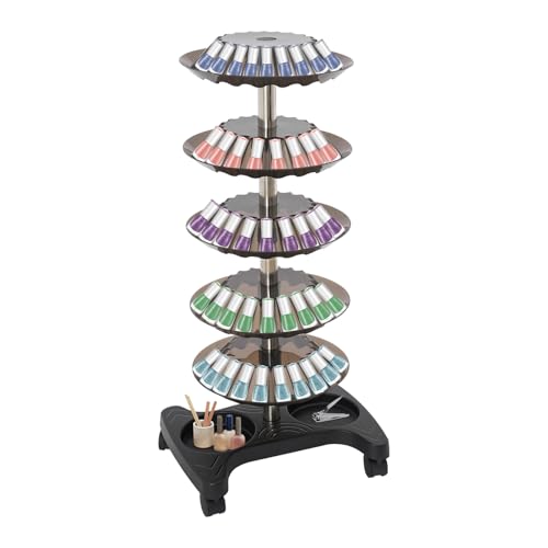 Lemoeyes Nail Polish Trolley Organizer, Nail Polish Spinning Rack Display Stand with Wheels & 360° Rotating Tray, 5 Tiers Display Rolling Cart for Nail Salon Pedicure Spa Home Use (Black)