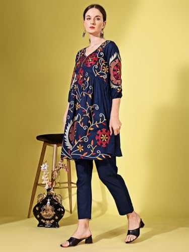 Womanista Women's Pure Cotton Solid Regular Fit Kurta Set (Co-Ords_9145_Navy Blue_S)