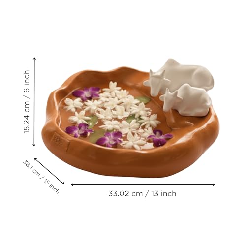 Image of eCraftIndia Pair of Cow Statue Urli Bowl for Home Decoration Office Tv Unit (Resin Orange) Showpiece for Good Luck | Urli for Floating Candles Flowers for Pooja Room Entryway Living Room Diwali Gift