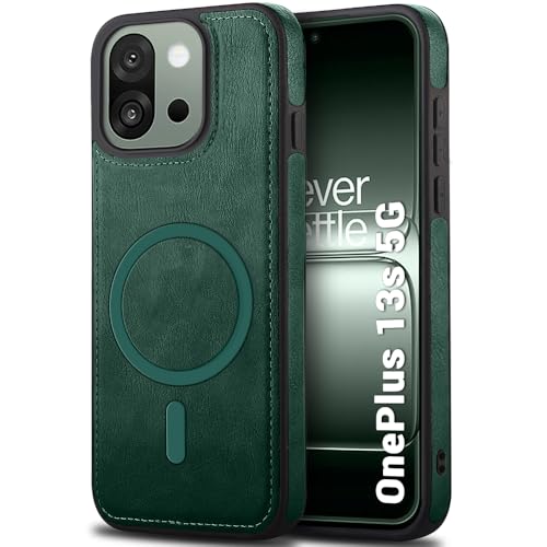 Image of TheGiftKart Genuine Leather Finish Back Cover Case for OnePlus 13s 5G | Shockproof Design | Raised Edges for Camera & Screen Protection | Stunning Minimalist Design Cover (MagSafe Compatible, Green)
