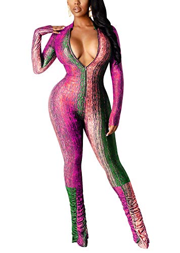 Womens One Piece Bodycon Jumpsuit - Sexy Long Sleeve Tie Dye Stacked Pants Cat Suit Bodysuit Front Zipper Skinny Long Pants Jumpsuits Romper Outfits Clubwear Rose Red, Medium