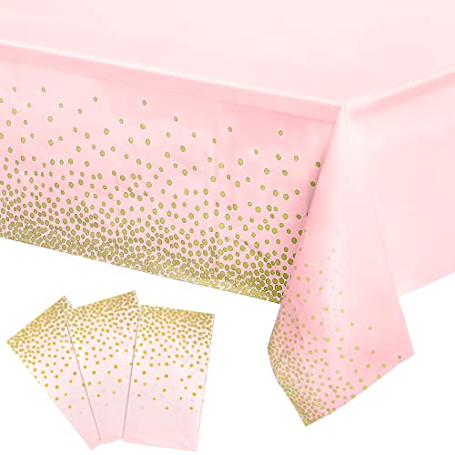 3 Pieces Dot Tablecloth Confetti Rectangle Plastic Disposable Table Cover for Birthday Wedding Baby Shower Engagement Anniversary Bachelorette Party, 54 x 108 Inch (Pink and Gold)