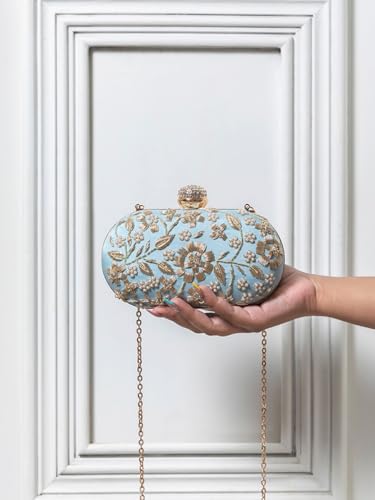 Image of THE TAN CLAN Hand Embroidered Luxury Clutch Purse for Women | Evening Hand Clutch Bag | Ladies Party Wedding Purse with Chain Strap | Ethnic Woman Handbag Gift for Birthday, Anniversary