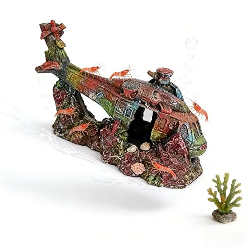 Voralis Aquarium Helicopter Ruins Ornament, Realistic Resin Stone Landscaping Decor, Safe Hiding Shelter for Fish Shrimp & Turtles, Ideal for Freshwater Saltwater Tank Aquascape
