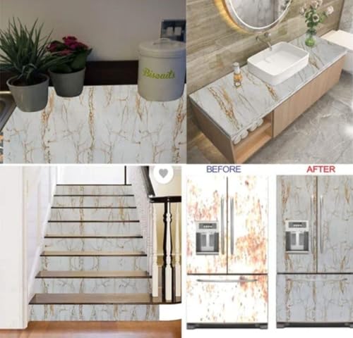 Image of WISDOM Marble Wall Sticker Wallpaper Decorative Home /Furnituer /Cabinets Marble Vinyl Wallpaper (24x144 Inch, White Gold Marble)